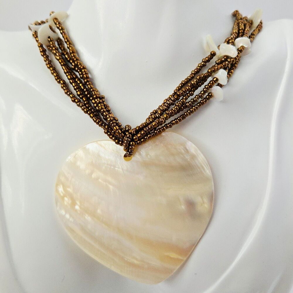 Large Heart Shell Necklace Multi Strand Beaded Pendant Brown & Cream Layered 17"
